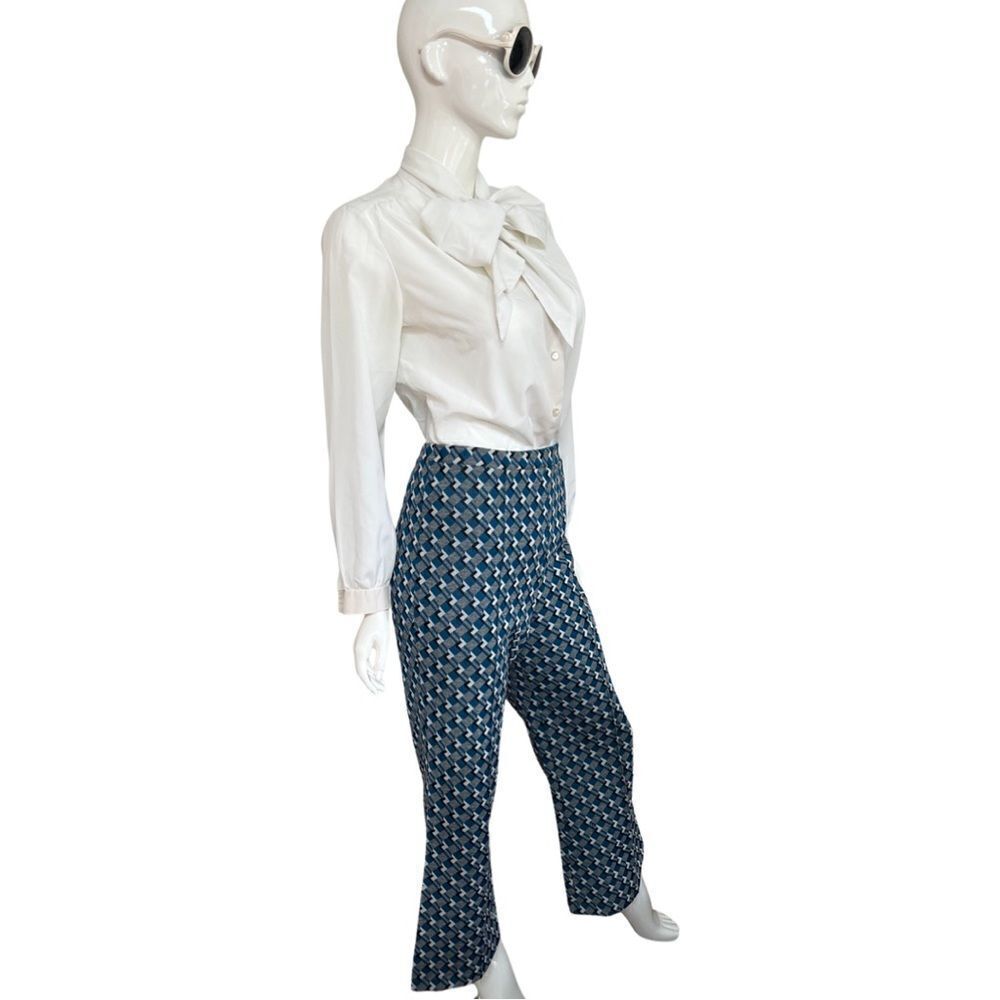Groovy 60s / 70s Mod Teal Geometric Cropped Ankle Flared Pull on Pants - Picture 5 of 8